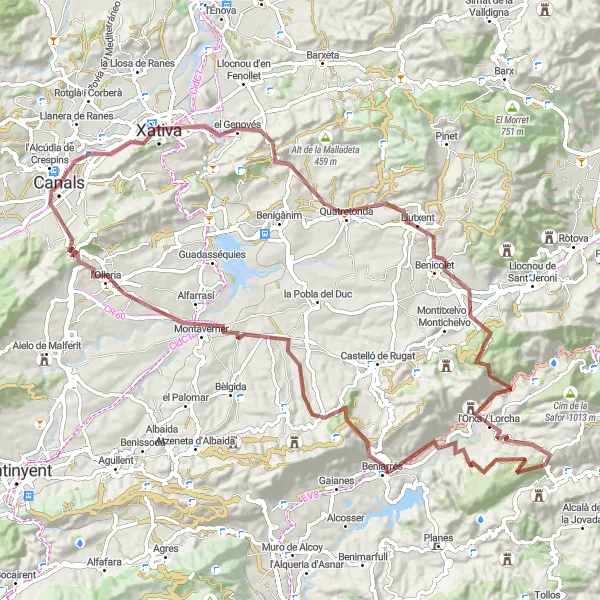 Miniatuurkaart van de fietsinspiratie "Lange gravelroute in de buurt van Canals" in Comunitat Valenciana, Spain. Gemaakt door de Tarmacs.app fietsrouteplanner