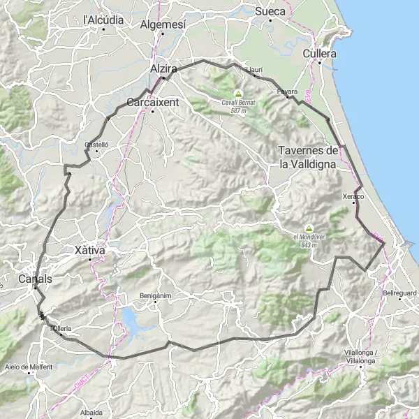 Miniature de la carte de l'inspiration cycliste "La Vall d'Albaida" dans la Comunitat Valenciana, Spain. Générée par le planificateur d'itinéraire cycliste Tarmacs.app