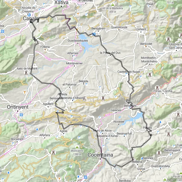 Miniatura della mappa di ispirazione al ciclismo "112 km di sfide ciclistiche su strada tra Canals e Albaida" nella regione di Comunitat Valenciana, Spain. Generata da Tarmacs.app, pianificatore di rotte ciclistiche