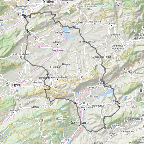 Miniatuurkaart van de fietsinspiratie "Rondrit met wegfiets in de buurt van Canals" in Comunitat Valenciana, Spain. Gemaakt door de Tarmacs.app fietsrouteplanner