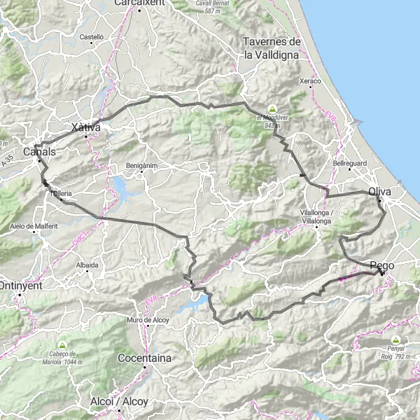 Miniaturekort af cykelinspirationen "Udfordrende landevejscykling nær Canals" i Comunitat Valenciana, Spain. Genereret af Tarmacs.app cykelruteplanlægger