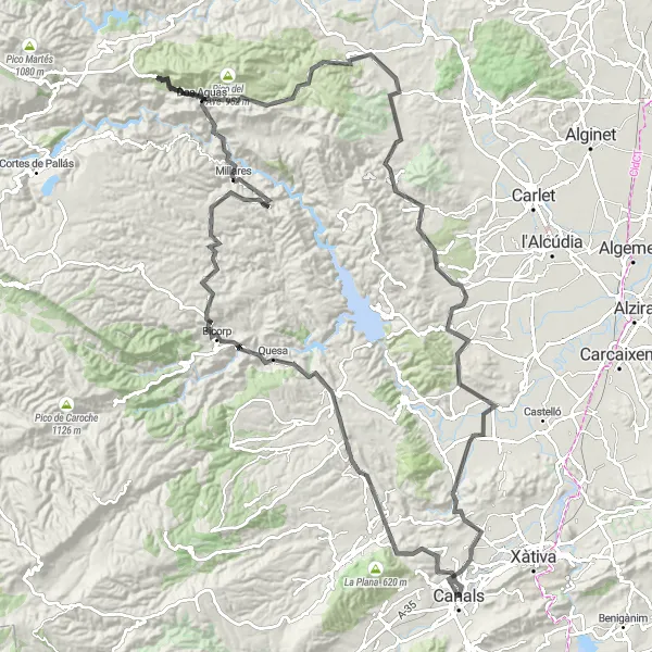 Miniature de la carte de l'inspiration cycliste "Route panoramique des vallées de Valence" dans la Comunitat Valenciana, Spain. Générée par le planificateur d'itinéraire cycliste Tarmacs.app
