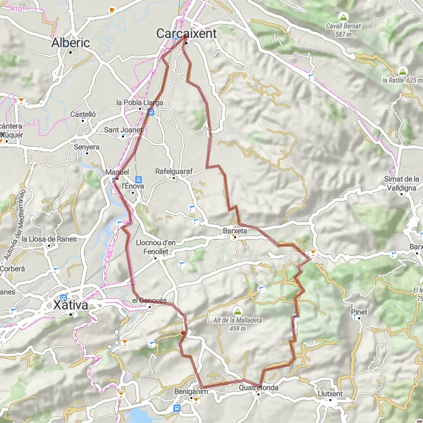 Miniature de la carte de l'inspiration cycliste "Les collines de Carcaixent" dans la Comunitat Valenciana, Spain. Générée par le planificateur d'itinéraire cycliste Tarmacs.app