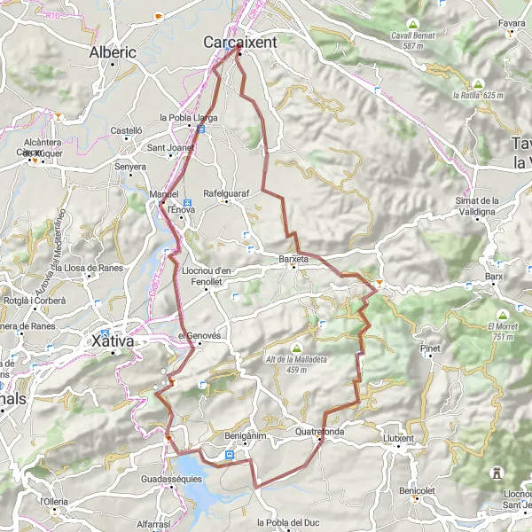 Map miniature of "Gravel Adventure to la Pobla Llarga" cycling inspiration in Comunitat Valenciana, Spain. Generated by Tarmacs.app cycling route planner