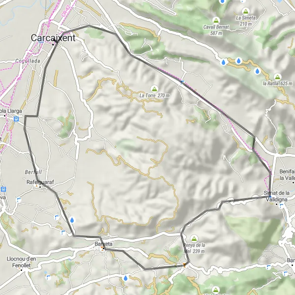 Miniatura della mappa di ispirazione al ciclismo "Rotta Scenica tra Carcaixent e Berfull" nella regione di Comunitat Valenciana, Spain. Generata da Tarmacs.app, pianificatore di rotte ciclistiche