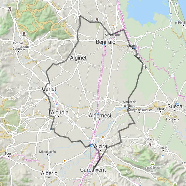 Map miniature of "Scenic Road Trip to Almussafes" cycling inspiration in Comunitat Valenciana, Spain. Generated by Tarmacs.app cycling route planner