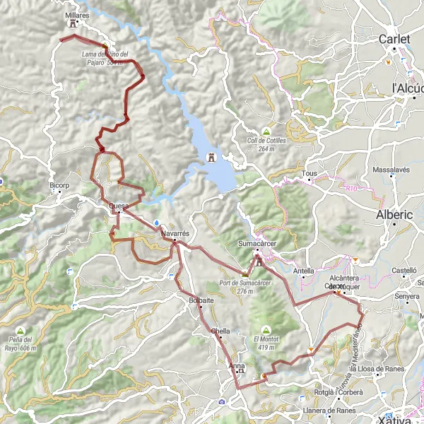 Miniatua del mapa de inspiración ciclista "Ruta ciclista de grava por los alrededores de Càrcer" en Comunitat Valenciana, Spain. Generado por Tarmacs.app planificador de rutas ciclistas
