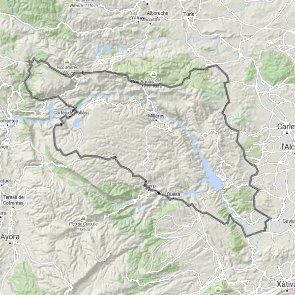 Map miniature of "Sumacàrcer Mountain Challenge" cycling inspiration in Comunitat Valenciana, Spain. Generated by Tarmacs.app cycling route planner