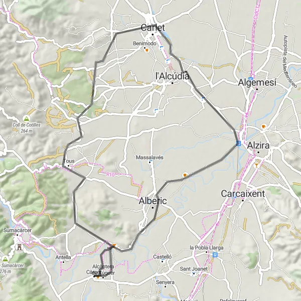 Miniatura della mappa di ispirazione al ciclismo "Percorso in bicicletta da Tous a Alcàntera de Xúquer" nella regione di Comunitat Valenciana, Spain. Generata da Tarmacs.app, pianificatore di rotte ciclistiche