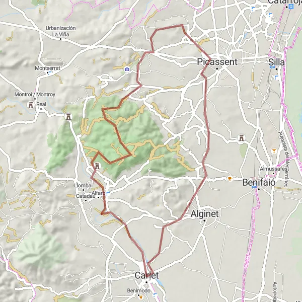 Miniatua del mapa de inspiración ciclista "Ruta de Grava desde Carlet" en Comunitat Valenciana, Spain. Generado por Tarmacs.app planificador de rutas ciclistas