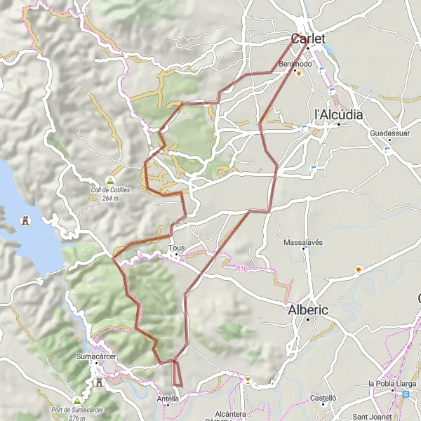 Karten-Miniaturansicht der Radinspiration "Abenteuerliche Gravel-Tour um Carlet" in Comunitat Valenciana, Spain. Erstellt vom Tarmacs.app-Routenplaner für Radtouren