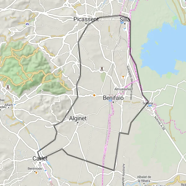 Miniaturní mapa "Okruh kolem Carletu a okolí" inspirace pro cyklisty v oblasti Comunitat Valenciana, Spain. Vytvořeno pomocí plánovače tras Tarmacs.app
