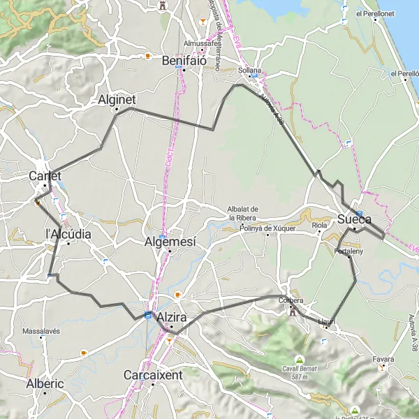 Karten-Miniaturansicht der Radinspiration "Carlet-Sollana-Sueca-Fortaleny-Llaurí-Alzira-Benimodo-Rundfahrt" in Comunitat Valenciana, Spain. Erstellt vom Tarmacs.app-Routenplaner für Radtouren