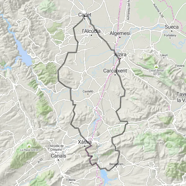 Miniaturní mapa "Náročný okruh s výhledy na Alziru" inspirace pro cyklisty v oblasti Comunitat Valenciana, Spain. Vytvořeno pomocí plánovače tras Tarmacs.app