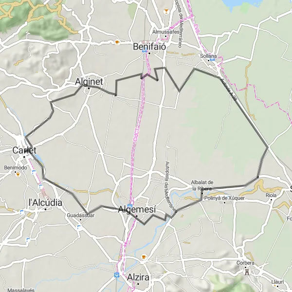 Miniatura mapy "Trasa Szosowa: Carlet - Alginet - Sollana - Albalat de la Ribera - Algemesí - Zona d'oci del Riu Magre" - trasy rowerowej w Comunitat Valenciana, Spain. Wygenerowane przez planer tras rowerowych Tarmacs.app