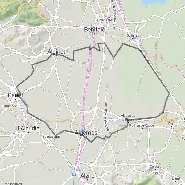 Miniatuurkaart van de fietsinspiratie "Wegfietsroute naar Alginet, Sollana, Albalat de la Ribera, Algemesí en Zona d'oci del Riu Magre" in Comunitat Valenciana, Spain. Gemaakt door de Tarmacs.app fietsrouteplanner