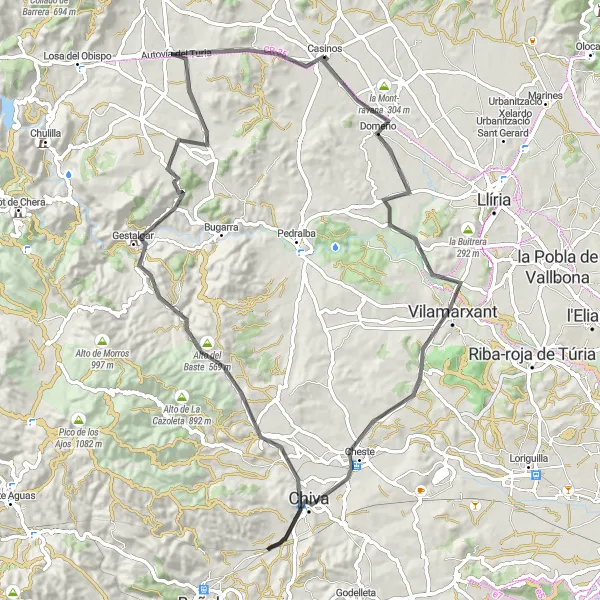 Map miniature of "Domeño - Vilamarxant - Mirador Peña Lomeros - Chiva - Alto del Baste - Gestalgar" cycling inspiration in Comunitat Valenciana, Spain. Generated by Tarmacs.app cycling route planner