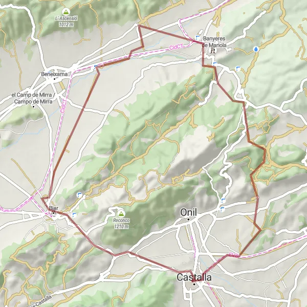 Miniatura della mappa di ispirazione al ciclismo "Il giro delle montagne vicino a Castalla" nella regione di Comunitat Valenciana, Spain. Generata da Tarmacs.app, pianificatore di rotte ciclistiche