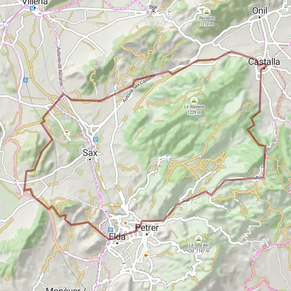 Miniatuurkaart van de fietsinspiratie "Gravel route vanuit Castalla" in Comunitat Valenciana, Spain. Gemaakt door de Tarmacs.app fietsrouteplanner