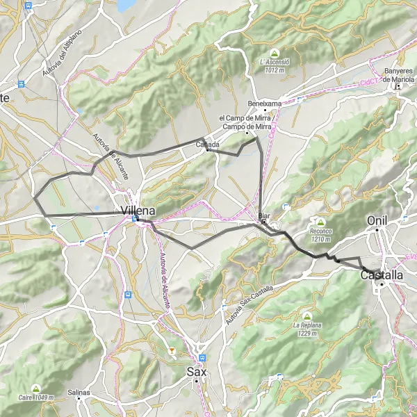 Map miniature of "Castalla - el Camp de Mirra Loop" cycling inspiration in Comunitat Valenciana, Spain. Generated by Tarmacs.app cycling route planner