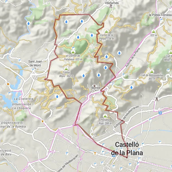 Miniatua del mapa de inspiración ciclista "Ruta en bicicleta de gravel desde Castelló de la Plana a Borriol" en Comunitat Valenciana, Spain. Generado por Tarmacs.app planificador de rutas ciclistas