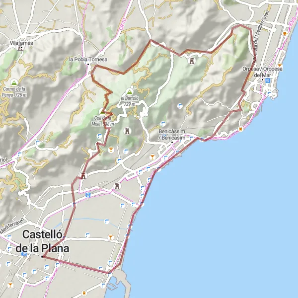 Miniatua del mapa de inspiración ciclista "Ruta en bicicleta de gravel cerca de Castelló de la Plana" en Comunitat Valenciana, Spain. Generado por Tarmacs.app planificador de rutas ciclistas