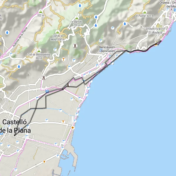 Map miniature of "Castelló de la Plana Circular Route" cycling inspiration in Comunitat Valenciana, Spain. Generated by Tarmacs.app cycling route planner