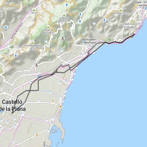 Miniatuurkaart van de fietsinspiratie "Torre del Barón - Mirador els Canons - Benicàssim / Benicasim - Refugi Antiaeri de la Plaça Tetuan" in Comunitat Valenciana, Spain. Gemaakt door de Tarmacs.app fietsrouteplanner