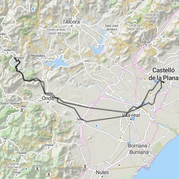 Miniatua del mapa de inspiración ciclista "Ruta en bicicleta de carretera desde Castelló de la Plana a Villarreal" en Comunitat Valenciana, Spain. Generado por Tarmacs.app planificador de rutas ciclistas