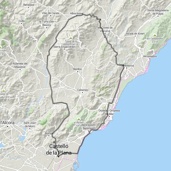 Miniatuurkaart van de fietsinspiratie "Wegroute Castelló - Refugi Antiaeri de la Plaça Tetuan - Penyeta Roja - la Pobla Tornesa - Coll de Fenosa - els Ivarsos - Albocàsser - Coll de les Forques - les Coves de Vinromà - Coll de la Llobatera - Torreblanca - Coll de les Costes d'Orpesa - Benicàssim / Benicasim - Torre dels Alçaments" in Comunitat Valenciana, Spain. Gemaakt door de Tarmacs.app fietsrouteplanner