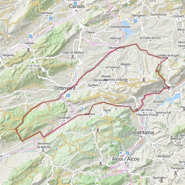 Miniatura della mappa di ispirazione al ciclismo "Esplorazione Naturale della Valle del Clariano" nella regione di Comunitat Valenciana, Spain. Generata da Tarmacs.app, pianificatore di rotte ciclistiche