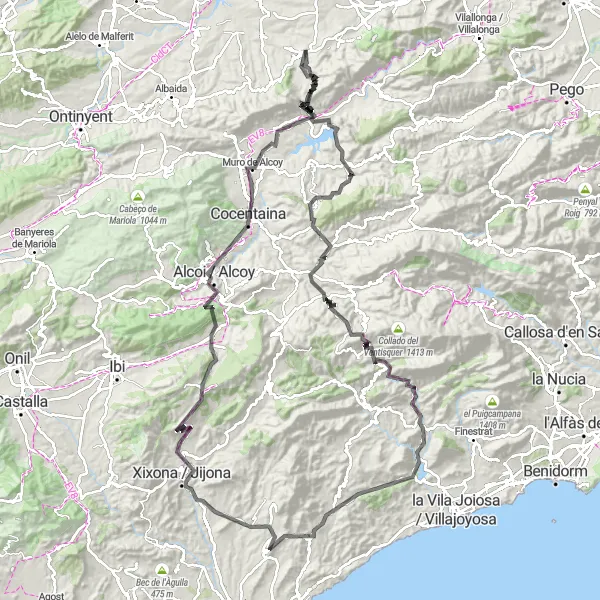 Miniature de la carte de l'inspiration cycliste "Tour des sommets de la région" dans la Comunitat Valenciana, Spain. Générée par le planificateur d'itinéraire cycliste Tarmacs.app