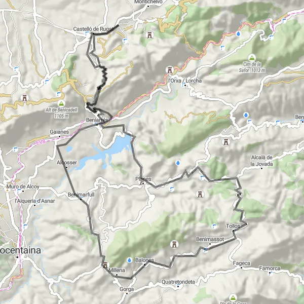 Map miniature of "Exploring Rugat and its Surroundings" cycling inspiration in Comunitat Valenciana, Spain. Generated by Tarmacs.app cycling route planner