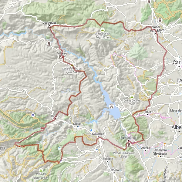 Map miniature of "Ultimate Gravel Adventure: Catadau to Bicorp" cycling inspiration in Comunitat Valenciana, Spain. Generated by Tarmacs.app cycling route planner