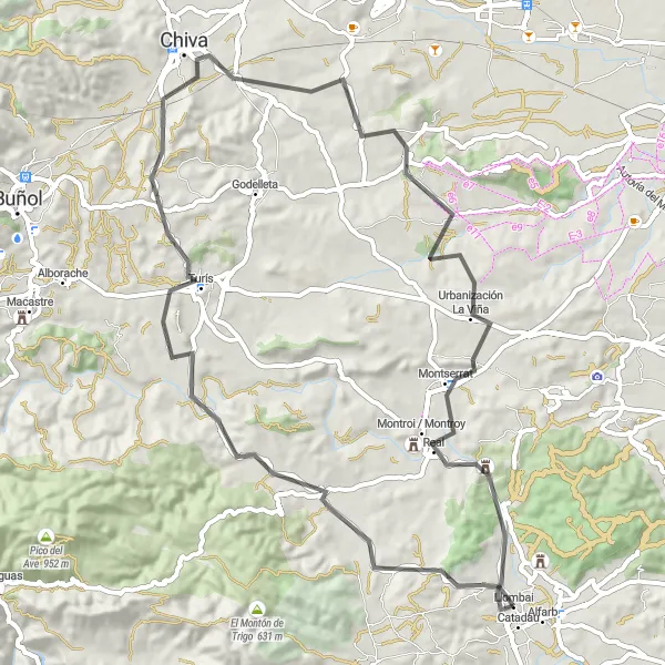 Miniature de la carte de l'inspiration cycliste "Route de Montagne à Catadau" dans la Comunitat Valenciana, Spain. Générée par le planificateur d'itinéraire cycliste Tarmacs.app