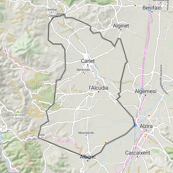 Miniaturní mapa "Road Cycling Tour to Alberic" inspirace pro cyklisty v oblasti Comunitat Valenciana, Spain. Vytvořeno pomocí plánovače tras Tarmacs.app