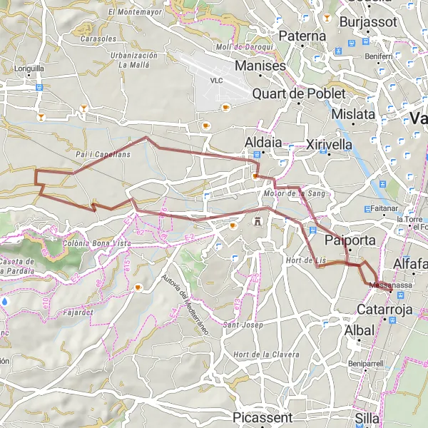 Map miniature of "Torrent and Massanassa Gravel Loop" cycling inspiration in Comunitat Valenciana, Spain. Generated by Tarmacs.app cycling route planner