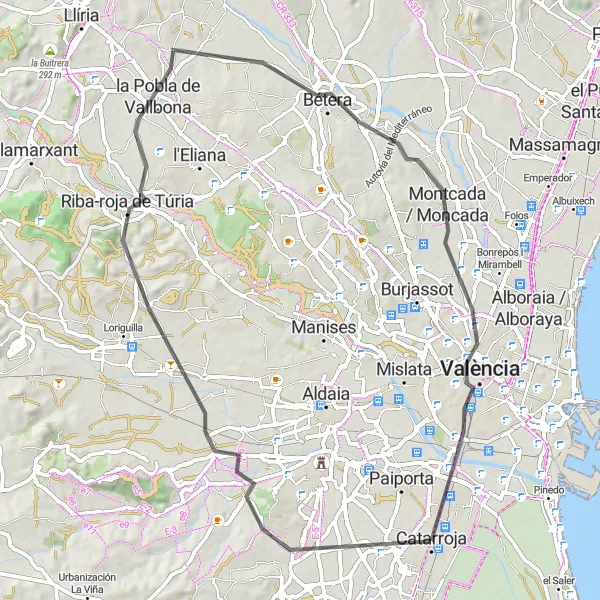 Miniatua del mapa de inspiración ciclista "Ruta en Carretera desde Catarroja a Bétera" en Comunitat Valenciana, Spain. Generado por Tarmacs.app planificador de rutas ciclistas