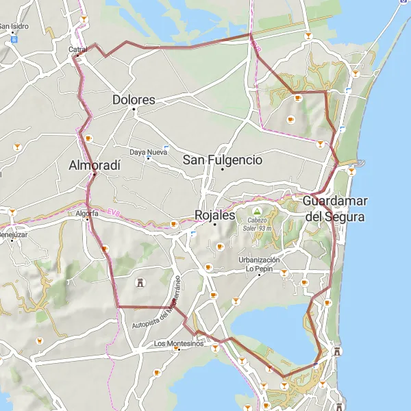 Miniatura della mappa di ispirazione al ciclismo "Avventura a Guardamar del Segura" nella regione di Comunitat Valenciana, Spain. Generata da Tarmacs.app, pianificatore di rotte ciclistiche