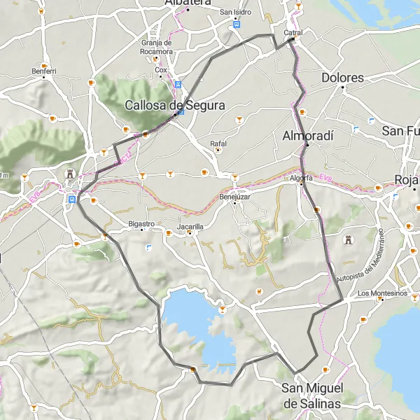 Map miniature of "Road Cycling Adventure to Redován" cycling inspiration in Comunitat Valenciana, Spain. Generated by Tarmacs.app cycling route planner