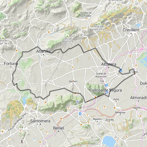 Miniatua del mapa de inspiración ciclista "Ruta de Catral a través de Redován y Abanilla" en Comunitat Valenciana, Spain. Generado por Tarmacs.app planificador de rutas ciclistas