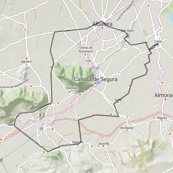 Map miniature of "Scenic Road Circuit through Rafal and Bigastro" cycling inspiration in Comunitat Valenciana, Spain. Generated by Tarmacs.app cycling route planner