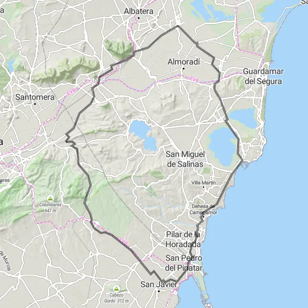 Miniature de la carte de l'inspiration cycliste "Route panoramique à travers Rojales et Torrevieja" dans la Comunitat Valenciana, Spain. Générée par le planificateur d'itinéraire cycliste Tarmacs.app