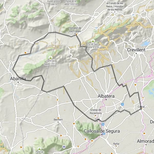 Miniatura della mappa di ispirazione al ciclismo "Giro in bicicletta da Catral a Cox, Peña Roja e Hondón de los Frailes" nella regione di Comunitat Valenciana, Spain. Generata da Tarmacs.app, pianificatore di rotte ciclistiche