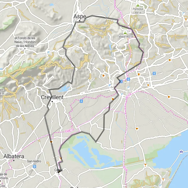 Map miniature of "Thrilling Road Circuit through Crevillent and Palau d'Altamira" cycling inspiration in Comunitat Valenciana, Spain. Generated by Tarmacs.app cycling route planner