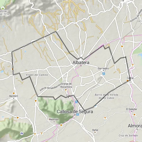 Miniatura della mappa di ispirazione al ciclismo "Giro in bicicletta da Catral a Callosa de Segura e Albatera" nella regione di Comunitat Valenciana, Spain. Generata da Tarmacs.app, pianificatore di rotte ciclistiche