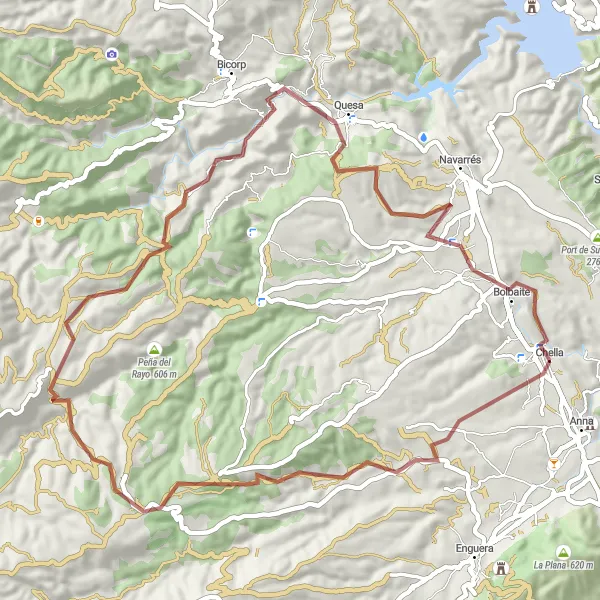 Miniatua del mapa de inspiración ciclista "Ruta de Ciclismo en Grava desde Chella" en Comunitat Valenciana, Spain. Generado por Tarmacs.app planificador de rutas ciclistas