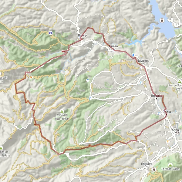 Miniatua del mapa de inspiración ciclista "Ruta en bicicleta de gravel desde Chella" en Comunitat Valenciana, Spain. Generado por Tarmacs.app planificador de rutas ciclistas