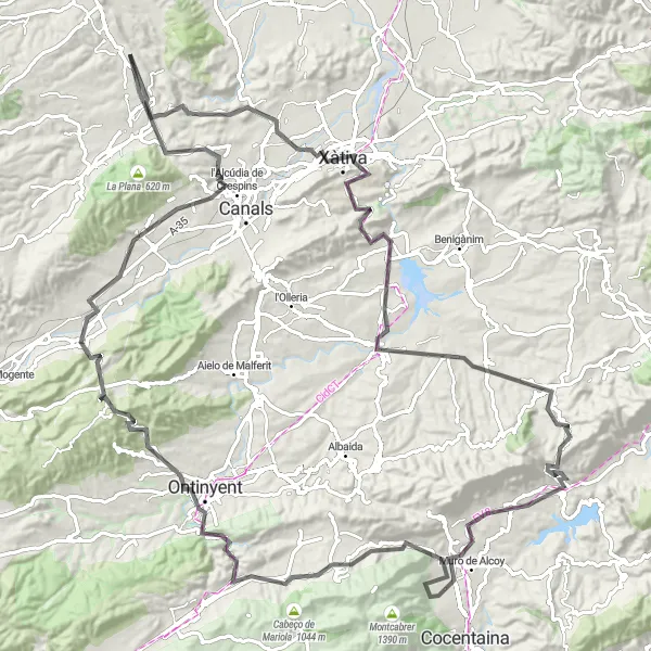 Miniature de la carte de l'inspiration cycliste "Route des Vallées et Montagnes" dans la Comunitat Valenciana, Spain. Générée par le planificateur d'itinéraire cycliste Tarmacs.app