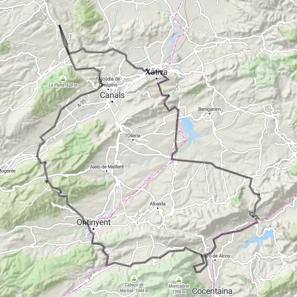 Miniatuurkaart van de fietsinspiratie "Rondrit Chella - Ontinyent" in Comunitat Valenciana, Spain. Gemaakt door de Tarmacs.app fietsrouteplanner